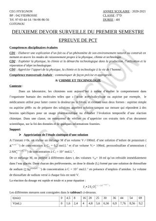 Première page de PCT Tle D — 2e devoir surveillé, 1er semestre (2020-2021) · CEG FIYEGNON