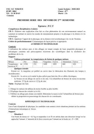 Première page de PCT 4e — 1er devoir surveillé, 2e semestre (2020-2021) · CEG LE NOKOUE