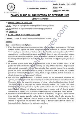 Première page de Bac 2026 – Anglais Séries CD, Bac blanc décembre 2025 (alcoholism, compréhension et production écrite)