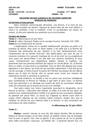 Première page de Français 2nde B — 2e devoir surveillé, 2e semestre (2019-2020) · CEG du Lac