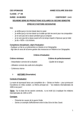 Première page de Histoire-Géographie 1ère A & B — 2e production scolaire, 2e semestre (2018-2019) · CEG Kpomassè