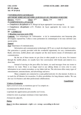 Première page de Anglais 4e ML&MC — 2e devoir surveillé, 1er semestre (2019-2020) · CEG AYOU