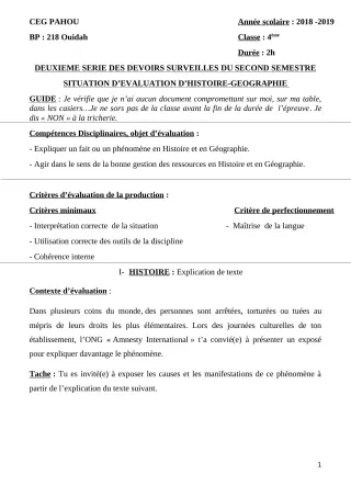 Première page de Histoire-Géographie 4e, 4e ML — 2e devoir surveillé, 2e semestre (2018-2019) · CEG PAHOU