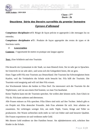 Première page de Allemand 3e ML — 2e devoir surveillé, 1er semestre (2019-2020) · CEG ADJOVICODJI 'LES OLIVIERS'