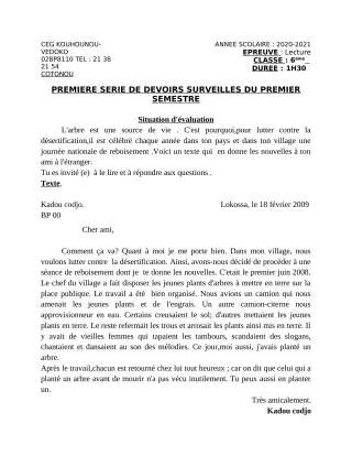 Première page de Français 6e — 1er devoir surveillé, 1er semestre (2020-2021) · CEG Kouhounou-Vêdoko