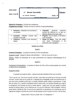 Première page de Philosophie 1ère A1, 1ère A2, 1ère B — 1er devoir surveillé, 1er semestre (2018-2019) · CEG2 ABOMEY - CALAVI (CEG ZOCA)