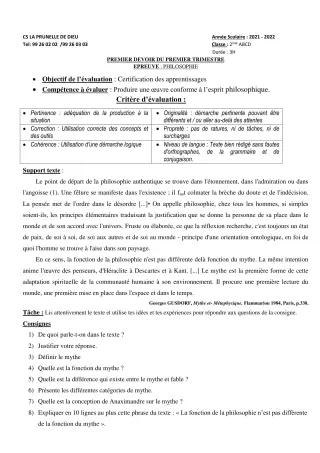 Première page de Philosophie 2nde B, 2nde D, Tle A2, Tle C, Tle D — 1er devoir surveillé, 1er trimestre (2021-2022) · CEPG La Prunelle de Dieu