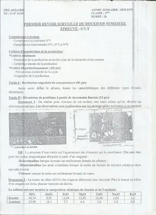 Première page de SVT 4e, 4e ML — Devoir surveillé, 2e semestre (2018-2019) · CEG ADJAGBO