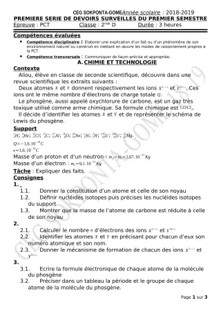 Première page de PCT 2nde D — 1er devoir surveillé, 1er semestre (2018-2019) · CEG Sokponta-Gomé