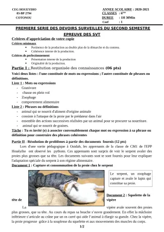 Première page de SVT 6e — 1er devoir surveillé, 2e semestre (2020-2021) · CEG HOUEYIHO