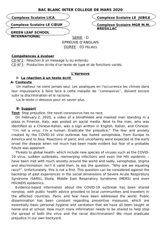 Première page de Examen Blanc de ANGLAIS — Tle D — CPEG LICA (2019)