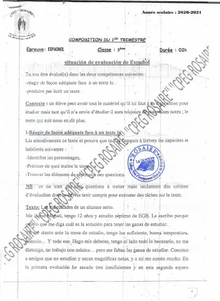 Première page de Espagnol 3e, 3e ML — Composition, 1er trimestre (2020-2021) · CPEG ROSAIRE