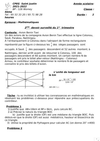 Première page de Mathématiques 4e, 4e ML — 2e devoir surveillé, 1er trimestre (2021-2022) · CPEG SAINT Justin