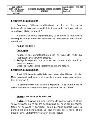 Première page de Français 4e — 2e devoir surveillé, 2e semestre (2019-2020) · CEG l'Océan