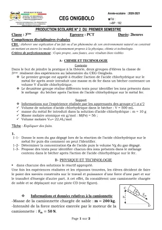 Première page de PCT 3e — 2e production scolaire, 1er semestre (2020-2021) · CEG ONIGBOLO