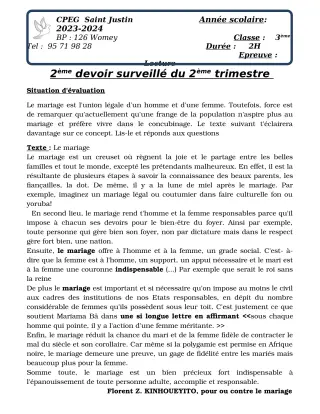 Première page de Français 1ère A2, 1ère B, 1ère C, 1ère D — 2e devoir surveillé, 2e trimestre (2023-2024) · CPEG SAINT Justin
