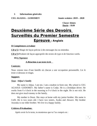 Première page de Anglais 6e — 2e devoir surveillé, 1er semestre (2019-2020) · CEG Agassa Godomey