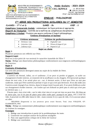 Première page de Philosophie 2nde C, 2nde D, 1ère C, 1ère D, Tle C, Tle D — 1re production scolaire, 1er semestre (2023-2024) · CEG1 Ikpinlè