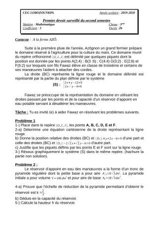 Première page de Mathématiques 3e, 3e ML — 1er devoir surveillé, 2e semestre (2019-2020) · CEG Lobozounkpa