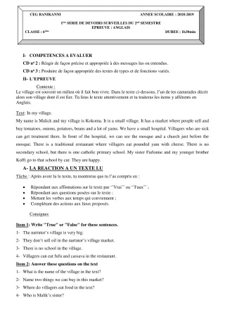 Première page de Anglais 6e — 1er devoir surveillé, 2e semestre (2018-2019) · CEG Banikanni