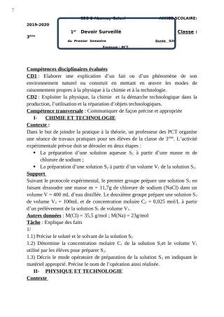 Première page de PCT 3e — 1er devoir surveillé, 1er semestre (2018-2019) · CEG2 ABOMEY - CALAVI (CEG ZOCA)