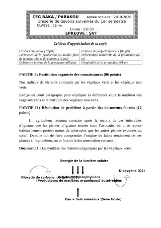 Première page de SVT 5e — Devoir surveillé, 1er semestre (2019-2020) · CEG BAKA