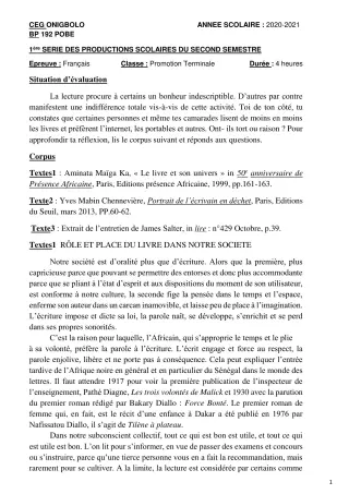 Première page de Français Tle A2, Tle D — 1re production scolaire, 2e semestre (2020-2021) · CEG ONIGBOLO