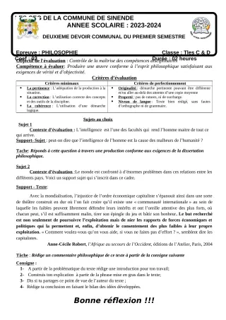 Première page de Philosophie Tle D — 2e devoir surveillé, 1er semestre (2023-2024) · CEG SEKERE