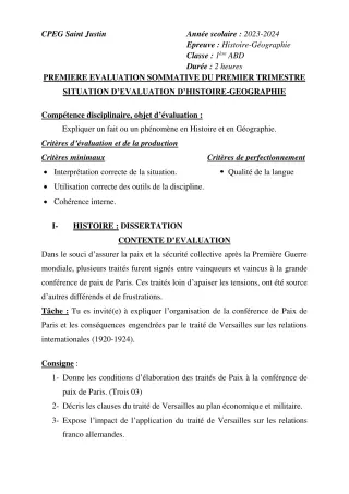Première page de Histoire-Géographie 1ère A2, 1ère B, 1ère C, 1ère D, Tle A2, Tle B, Tle C, Tle D — 1re évaluation sommative, 1er trimestre (2023-2024) · CPEG SAINT Justin