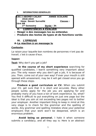 Première page de Anglais 1ère A1, 1ère A2, 1ère B — 2e devoir surveillé, 2e semestre (2018-2019) · CEG2 ABOMEY - CALAVI (CEG ZOCA)