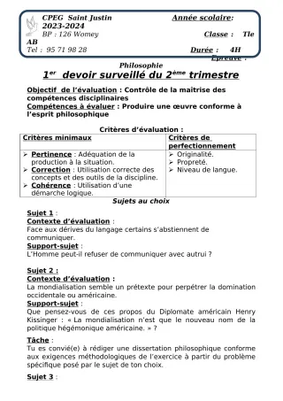 Première page de Philosophie Tle A2, Tle B, Tle C, Tle D — 1er devoir surveillé, 2e trimestre (2023-2024) · CPEG SAINT Justin
