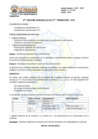 Première page de SVT 1ère A, 1ère B — 2e devoir surveillé, 2e trimestre (2019-2020) · CPEG LE PHARAON