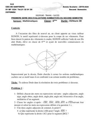 Première page de Mathématiques 6e — 1re évaluation sommative, 2e semestre (2019-2020) · CEG Dantokpa