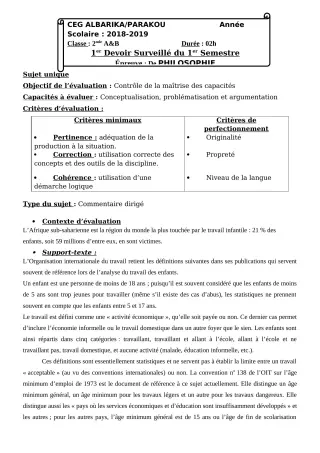 Première page de Philosophie 2nde A, 2nde B, 2nde C, 2nde D, 1ère A1, 1ère A2, 1ère B, 1ère C, 1ère D, Tle A1, Tle A2, Tle B, Tle C, Tle D — Devoir surveillé, 1er semestre (2018-2019) · CEG Albarika