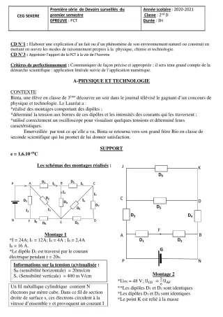 Première page de PCT 2nde D — 1er devoir surveillé, 1er semestre (2020-2021) · CEG SEKERE