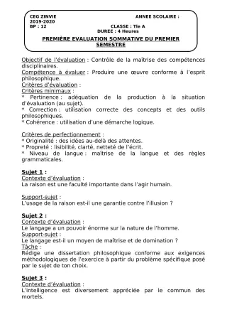 Première page de Philosophie 2nde A, 2nde A2, 2nde B, 2nde C, 2nde D, 1ère A, 1ère C, 1ère D, Tle A1, Tle A2, Tle C, Tle D — 1re évaluation sommative, 1er semestre (2019-2020) · CEG Zinvié