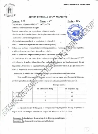 Première page de SVT 3e, 3e ML — Devoir surveillé, 2e trimestre (2020-2021) · CPEG ROSAIRE