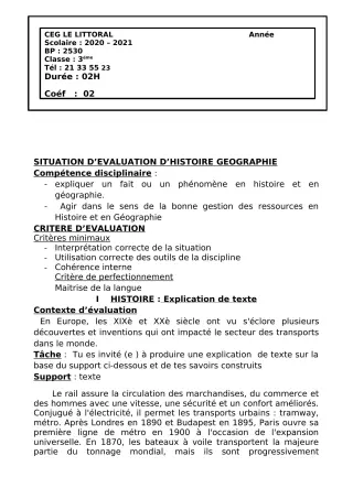 Première page de Devoir surveillé de HIST-GEO — 3e, 3e ML — CEG Le Littoral (2020)