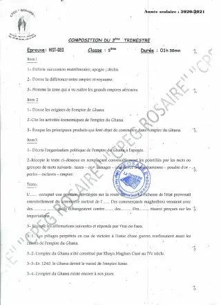 Première page de Histoire-Géographie 5e — Composition, 3e trimestre (2020-2021) · CPEG ROSAIRE
