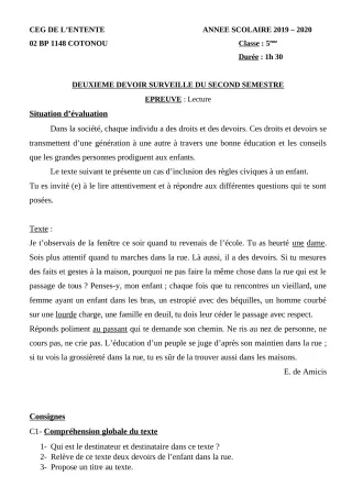 Première page de Français 5e — 2e devoir surveillé, 2e semestre (2019-2020) · CEG L'Entente