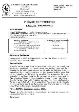 Première page de Philosophie 2nde A1, 2nde A2, 2nde B, 2nde C, 2nde D, 1ère A1, 1ère A2, 1ère B, 1ère C, 1ère D — 1er devoir surveillé, 1er trimestre (2022-2023) · CPEG Frédéric Macaire