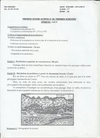 Première page de SVT 4e, 4e ML — 1er devoir surveillé, 1er semestre (2018-2019) · CEG ADJAGBO