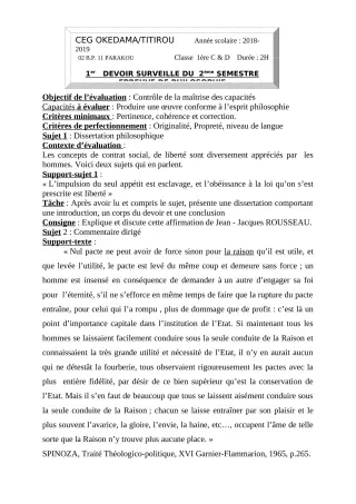 Première page de Philosophie 1ère C, 1ère D — Devoir surveillé, 2e semestre (2018-2019) · CEG OKEDAMA
