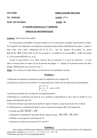 Première page de Mathématiques 1ère C — 1er devoir surveillé, 1er semestre (2023-2024) · CEG Yagbe