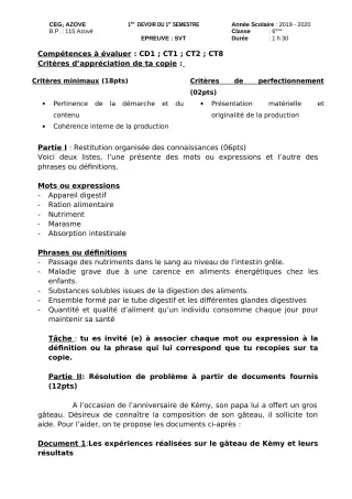 Première page de SVT 6e, 5e, 4e, 4e ML, 4e ML&MC, 3e, 3e ML, 2nde A, 2nde A2, 2nde B, 2nde C, 2nde D, 1ère A, 1ère A1, 1ère A2, 1ère B, 1ère C, 1ère D, Tle A2, Tle B, Tle C, Tle D — Composition, 1er semestre (2019-202