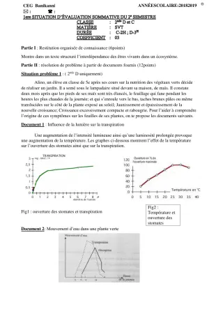 Première page de SVT 2nde C, 2nde D — Évaluation sommative, 2e semestre (2018-2019) · CEG Banikanni