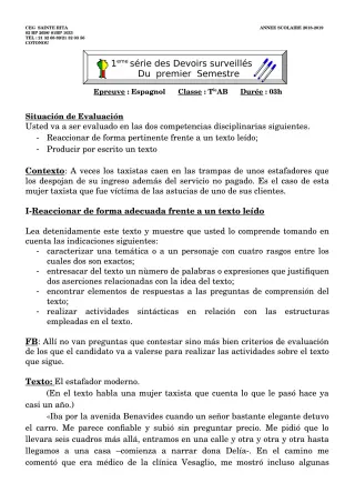 Première page de Espagnol 4e ML&MC, 3e ML, 2nde A & B, 1ère A, 1ère B, Tle A2, Tle B — Devoir surveillé, 1er semestre (2018-2019) · CEG Sainte Rita