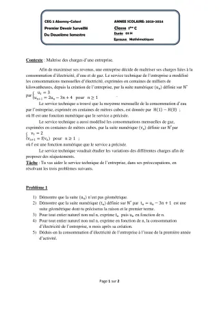 Première page de Mathématiques 1ère C — 1er devoir surveillé, 2e semestre (2023-2024) · CEG2 ABOMEY - CALAVI (CEG ZOCA)