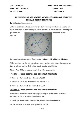 Première page de Mathématiques 5e — 1er devoir surveillé, 2e semestre (2022-2023) · CEG LE NOKOUE