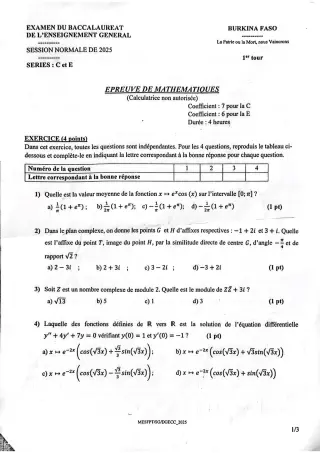 Première page de Mathématiques Bac 2025 – Burkina Faso – Séries C, E 1er Tour